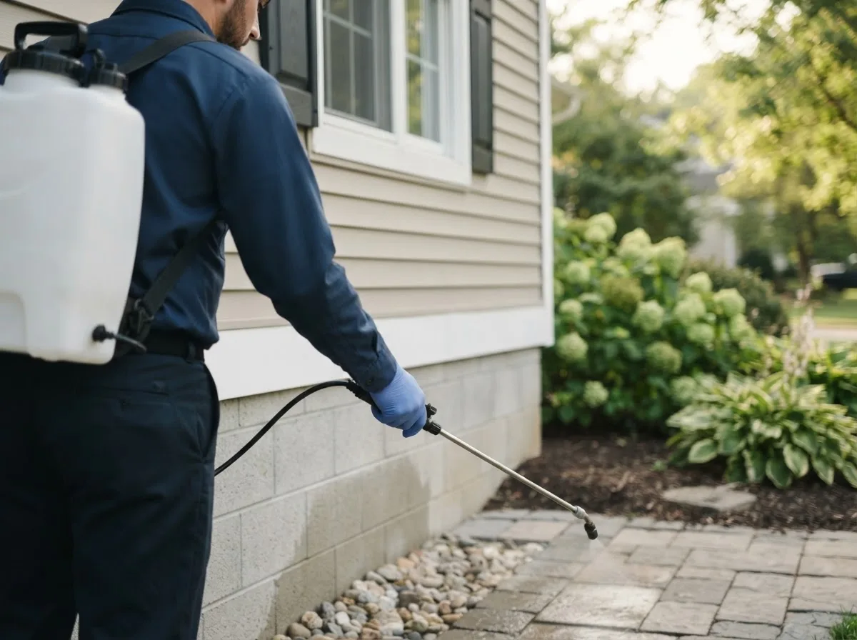 Pest control technician inspecting a home in Farnham, NY